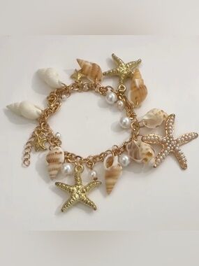 Nautical Themed Chic Ankle Bracelet  Starfish Shell Charm Pearl Accents